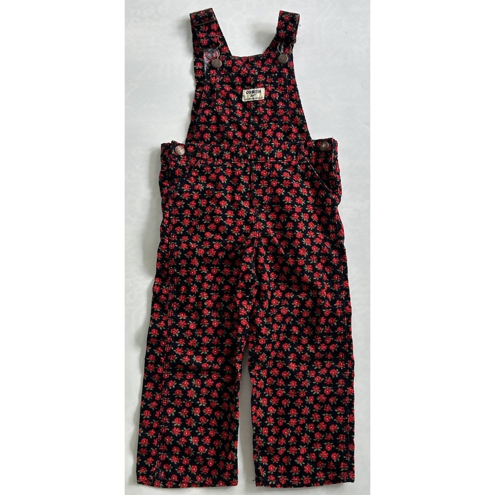 Vintage Girls OshKosh B'gosh Red Floral Corduroy Overalls Sz 3T Great Condition
